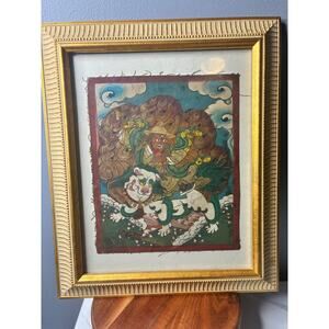 Vintage Framed Asian Textile Art – Guardian Deity on Lion